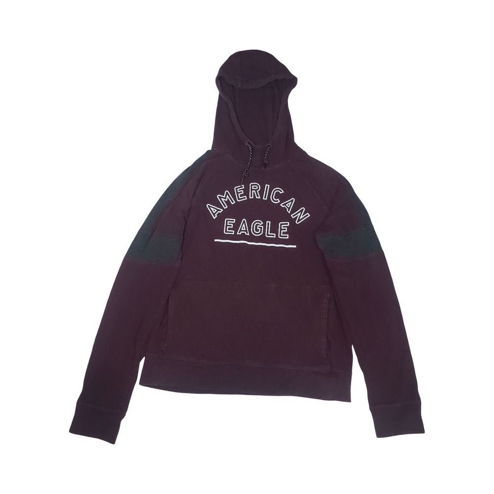 American Eagle Mens Small Burgundy Maroon Graphic Pullover Hoodie Cotton Raglan